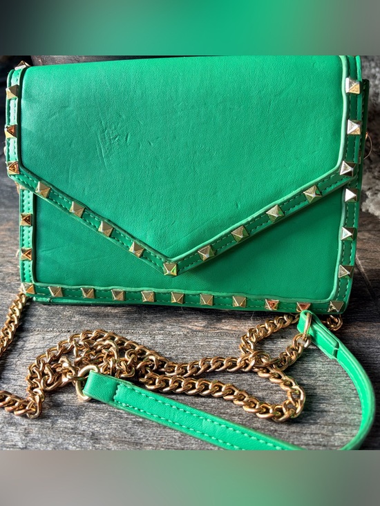 Bam Forever Handbags - 💚 Crossbody Emerald Studded Clutch Gold Chain Leather Bag